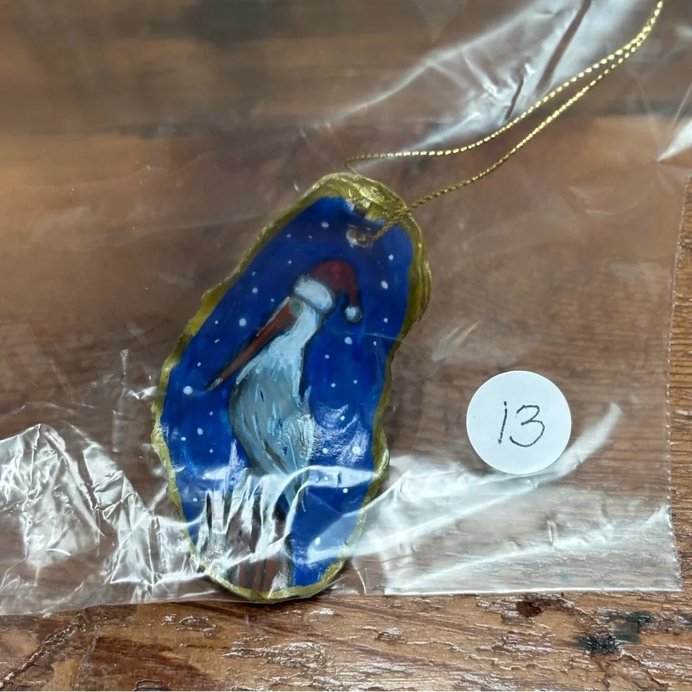 Hand-Painted Pelican Oyster Shell Christmas Ornament Small